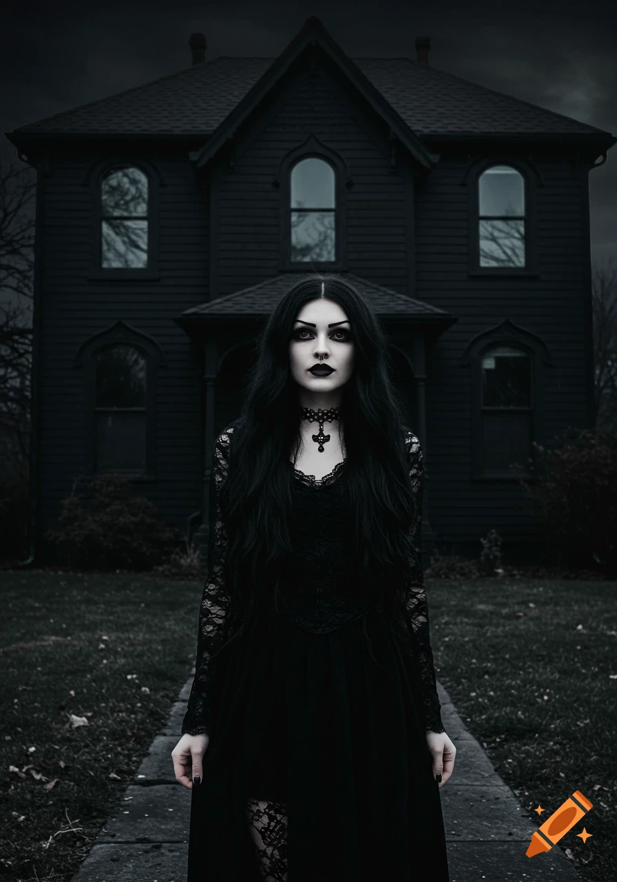 A gothic woman in a black dress stands in front of a dark house at dusk.