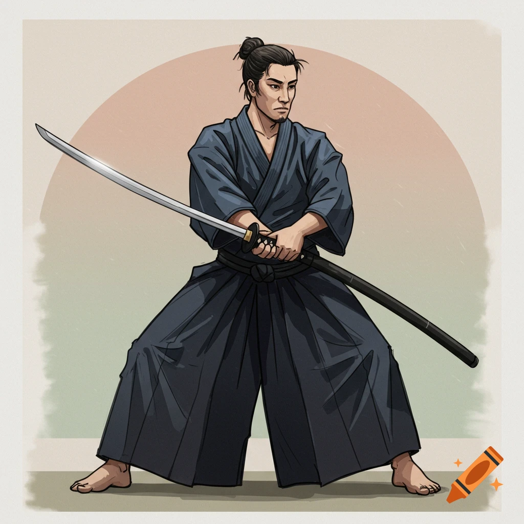 A person in a dark blue gi and hakama holding a katana in a fighting stance.