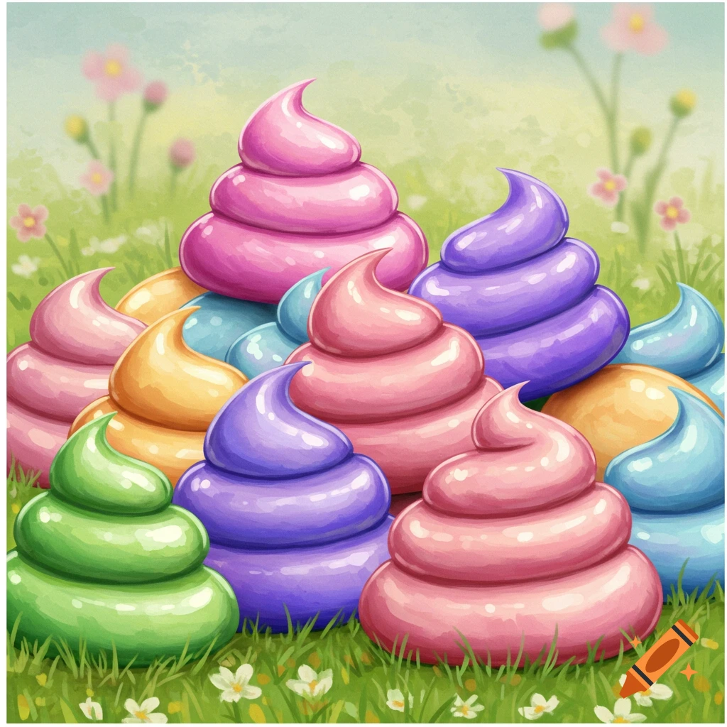 Colorful swirling shapes resembling soft serve in a grassy field.