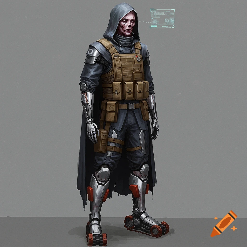 A hooded futuristic soldier with a synthetic face, tactical vest, metallic limbs, and magnetic treads.