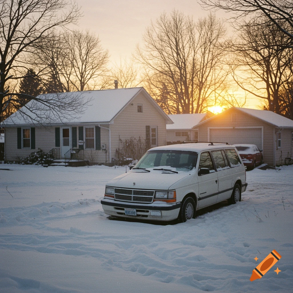 White van parked in deep snow at sunrise in front of houses.