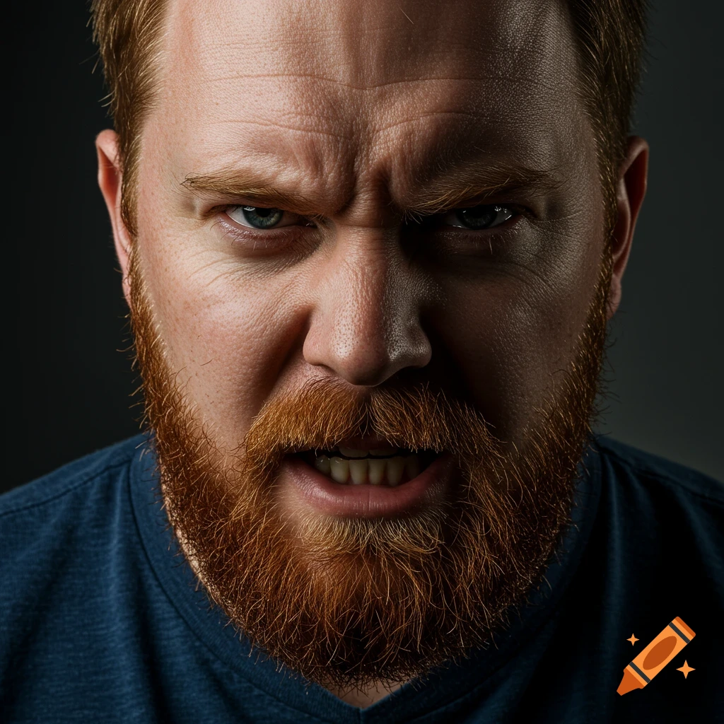 A close-up portrait of a man with a red beard expressing intense anger, with furrowed brows and bared teeth.