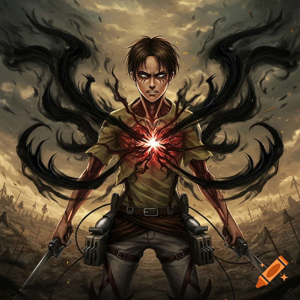 Eren Yeager on a battlefield with glowing chest wound and black energy tendrils