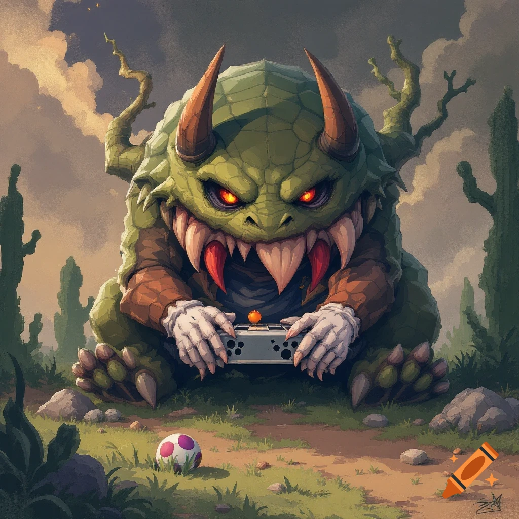 A large green monster is playing a video game console in a landscape with a spotted ball.