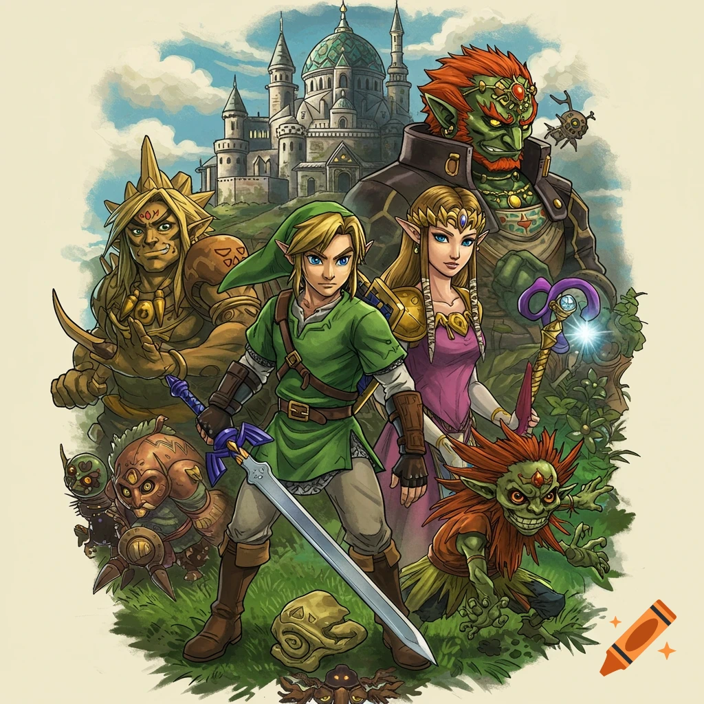 Illustration of Link, Zelda, Ganondorf, Darunia, and Skull Kid in front of a castle