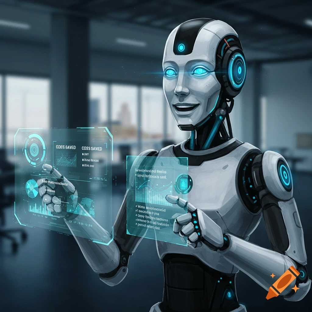 A white robot interacts with holographic displays in an office