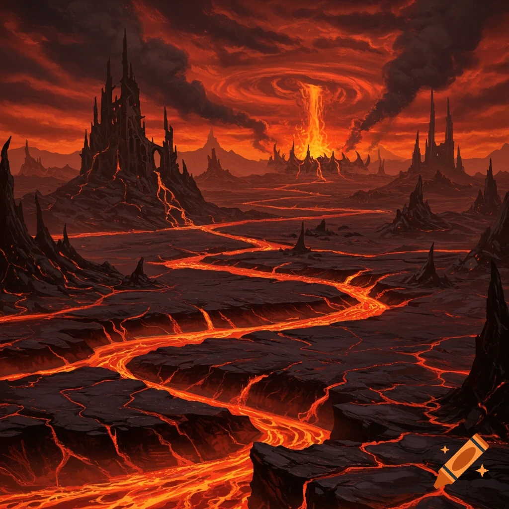 A hellish landscape with lava rivers, jagged mountains, and dark castles under a swirling red sky.