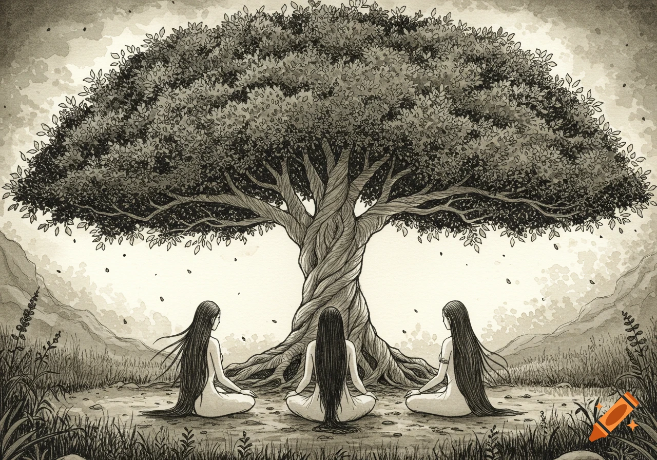 Three women meditate under a large tree in an ink drawing.