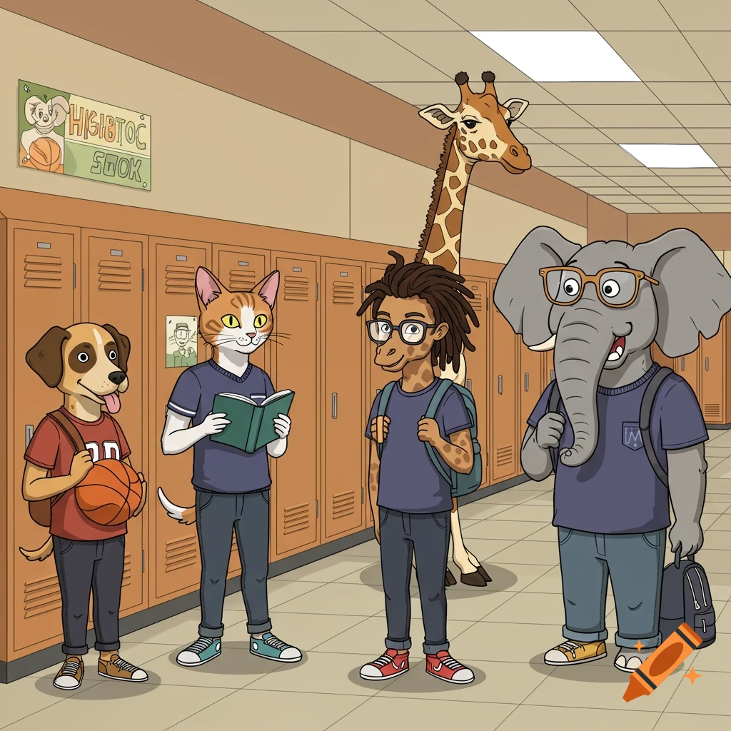 Cartoon of anthropomorphic dog, cat, person, giraffe, and elephant in a school hallway.