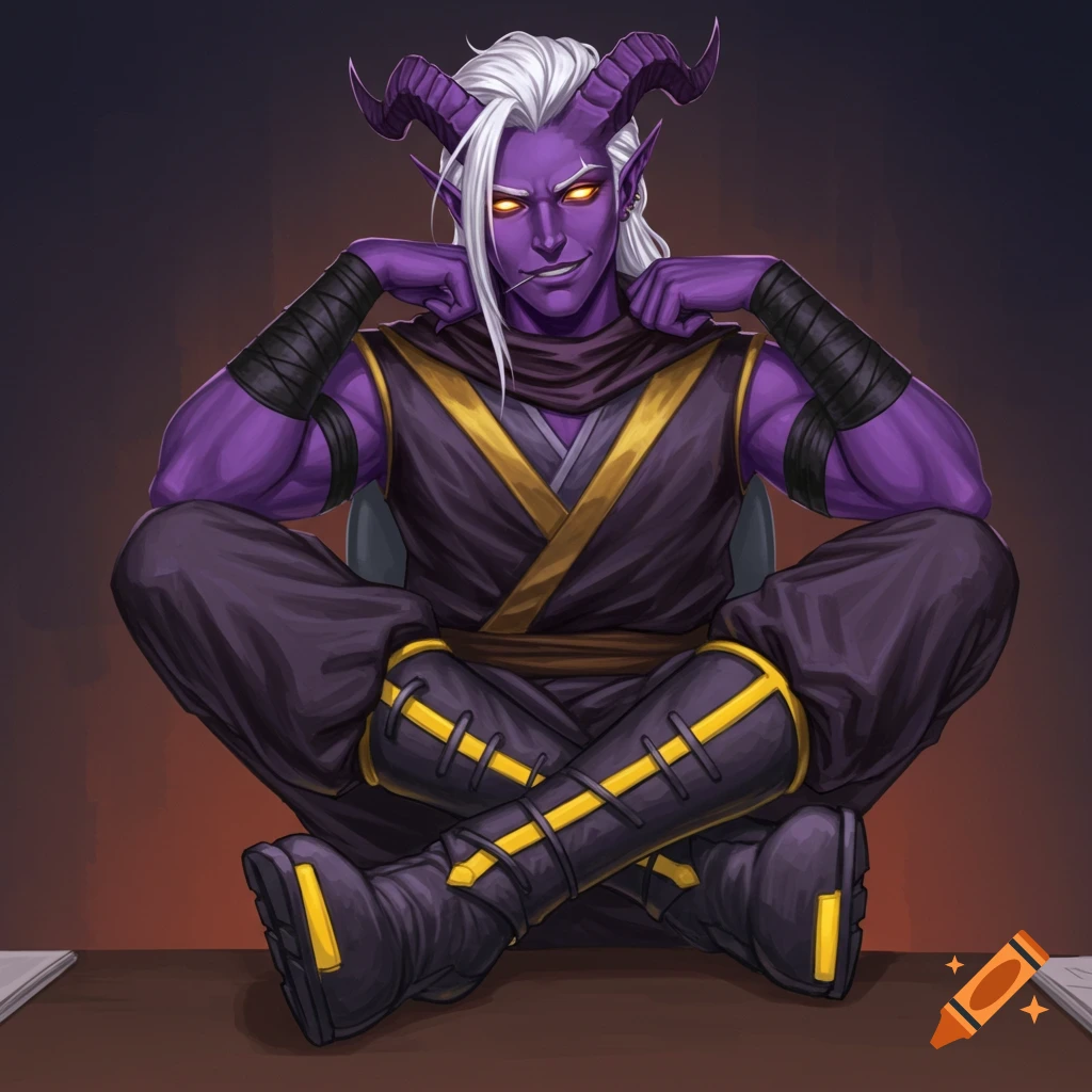 A purple-skinned Tiefling thief with white hair and yellow eyes, sitting cross-legged on a desk, smirking.