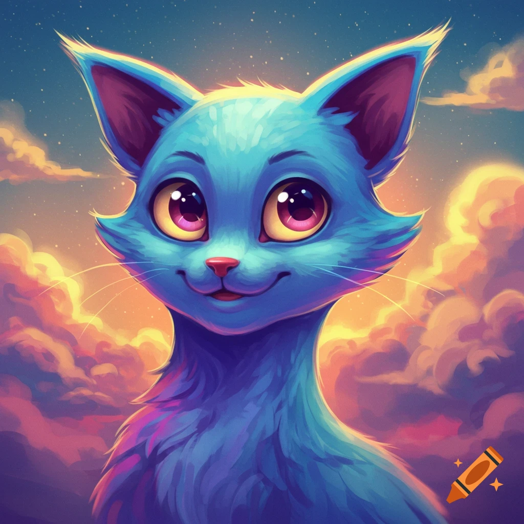 A blue cartoon cat with large eyes against a starry sky with colorful clouds.
