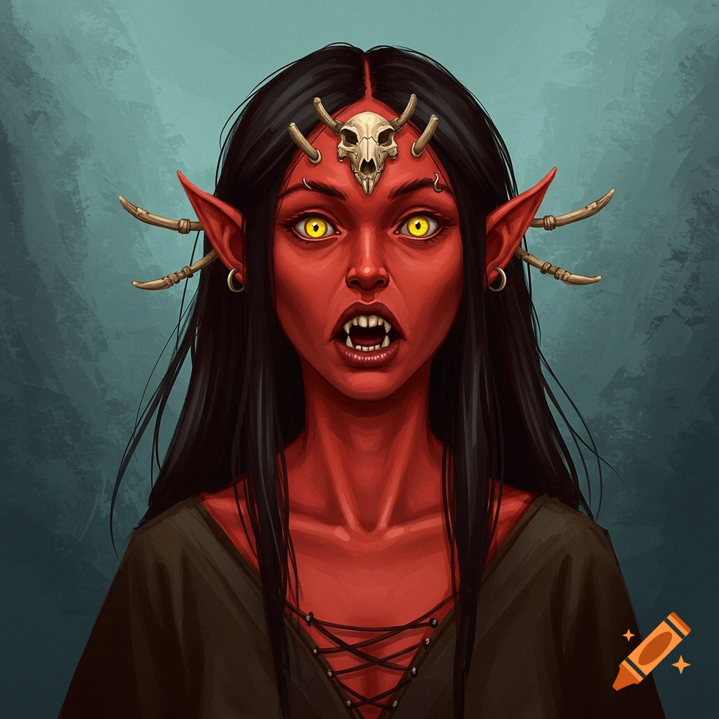 A red-skinned fantasy creature with yellow eyes, fangs, and a skull headdress.