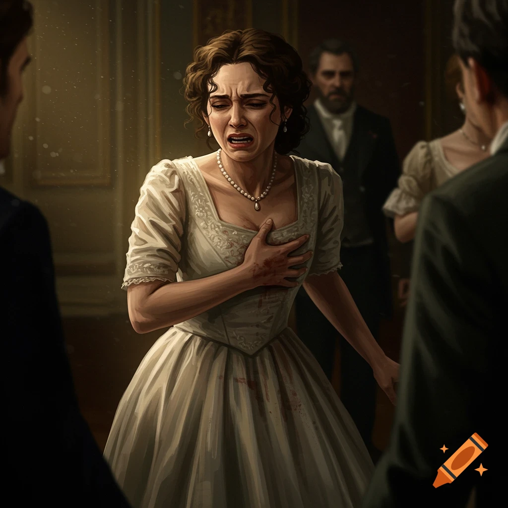 Dramatic image of a woman in a historical gown clutching her chest, stained with blood.