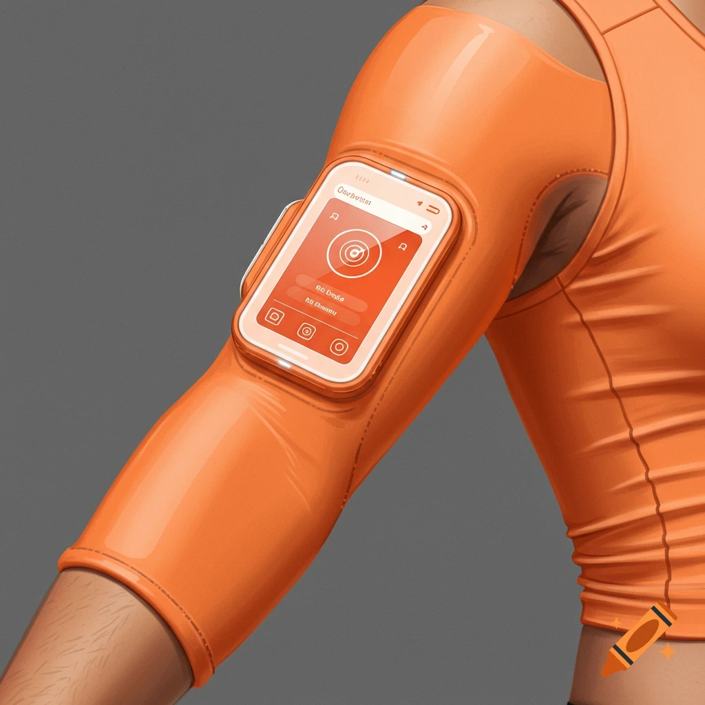 A person's arm wearing an orange compression sleeve with a phone holder on the upper arm.