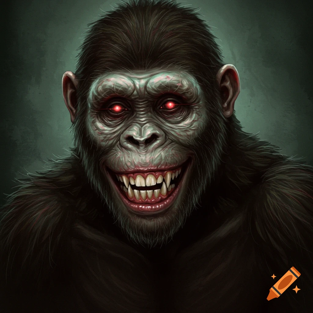 A creepy ape with red eyes and sharp teeth