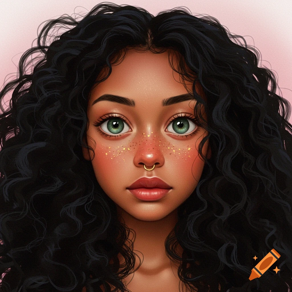 A close-up portrait of a woman with curly black hair, green eyes, freckles, and a nose ring.