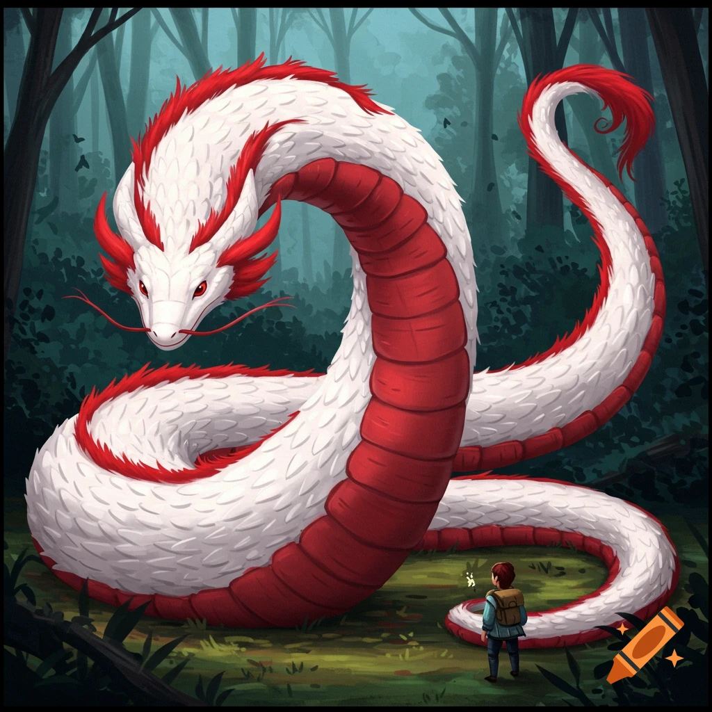 Large white and red serpent looking at a small person in a forest.