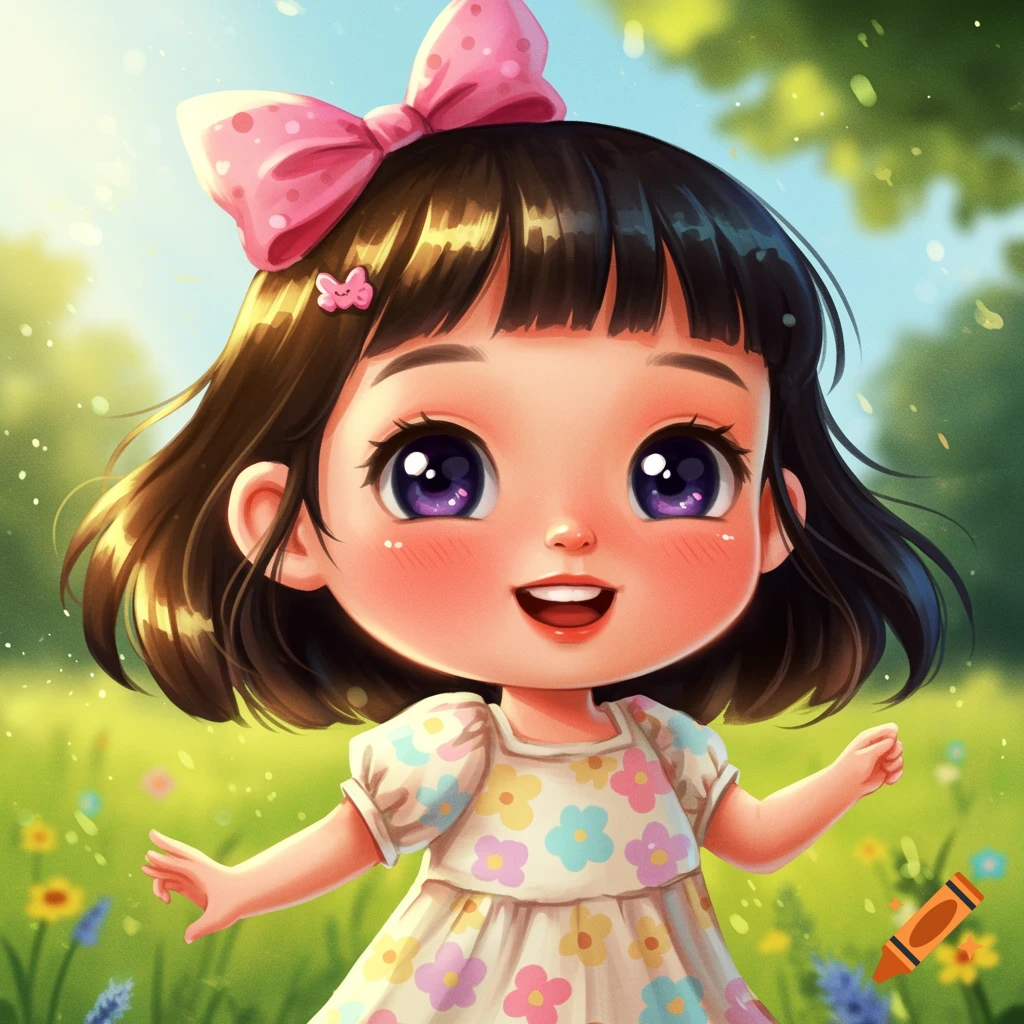 A cute anime girl with a pink bow and flower dress smiles in a sunny meadow.