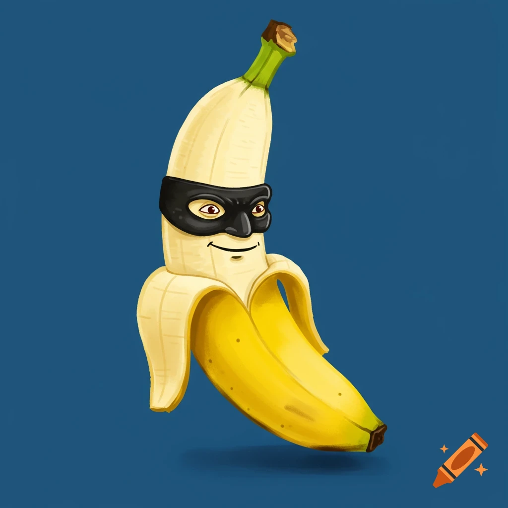 A banana wearing a black burglar mask on a blue background.