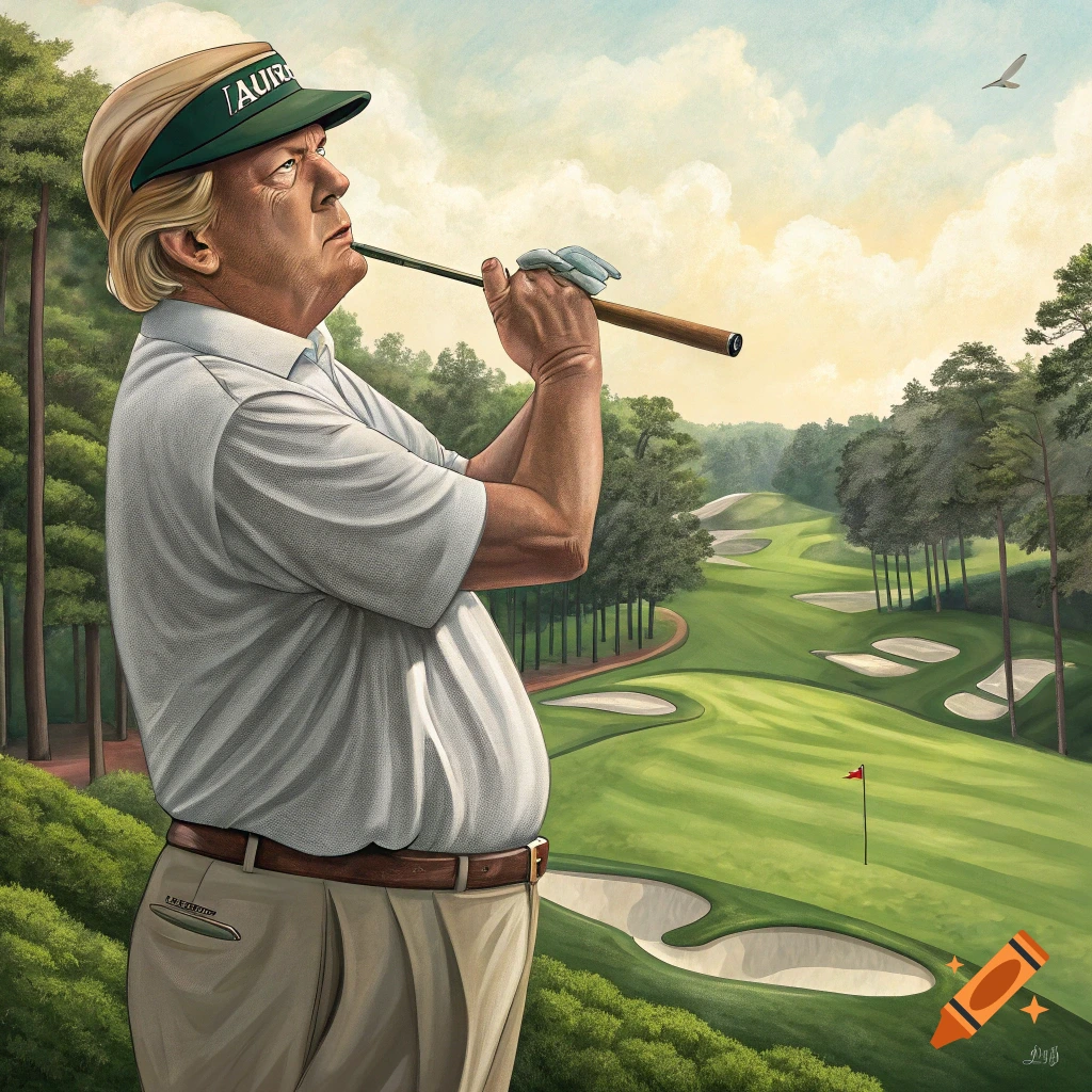 Illustration of a man resembling Donald Trump playing golf on a detailed course.