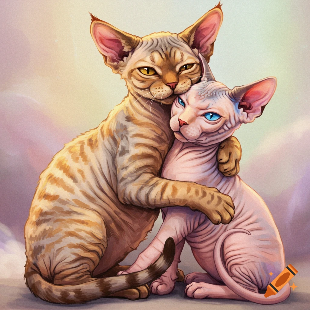 Striped cat hugging a hairless cat with blue eyes.