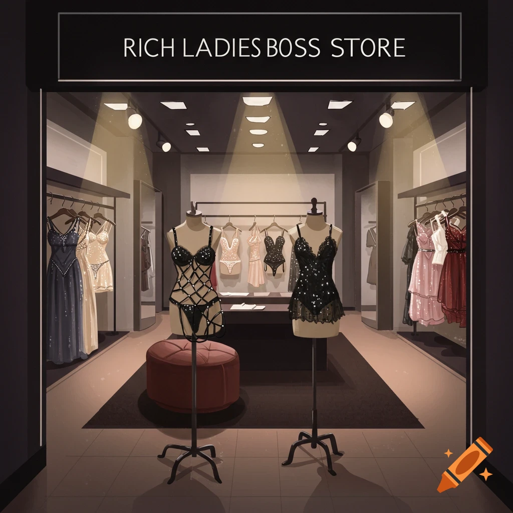 A store window with mannequins displaying dresses and lingerie, sign reads 'RICH LADIES BOSS STORE'.