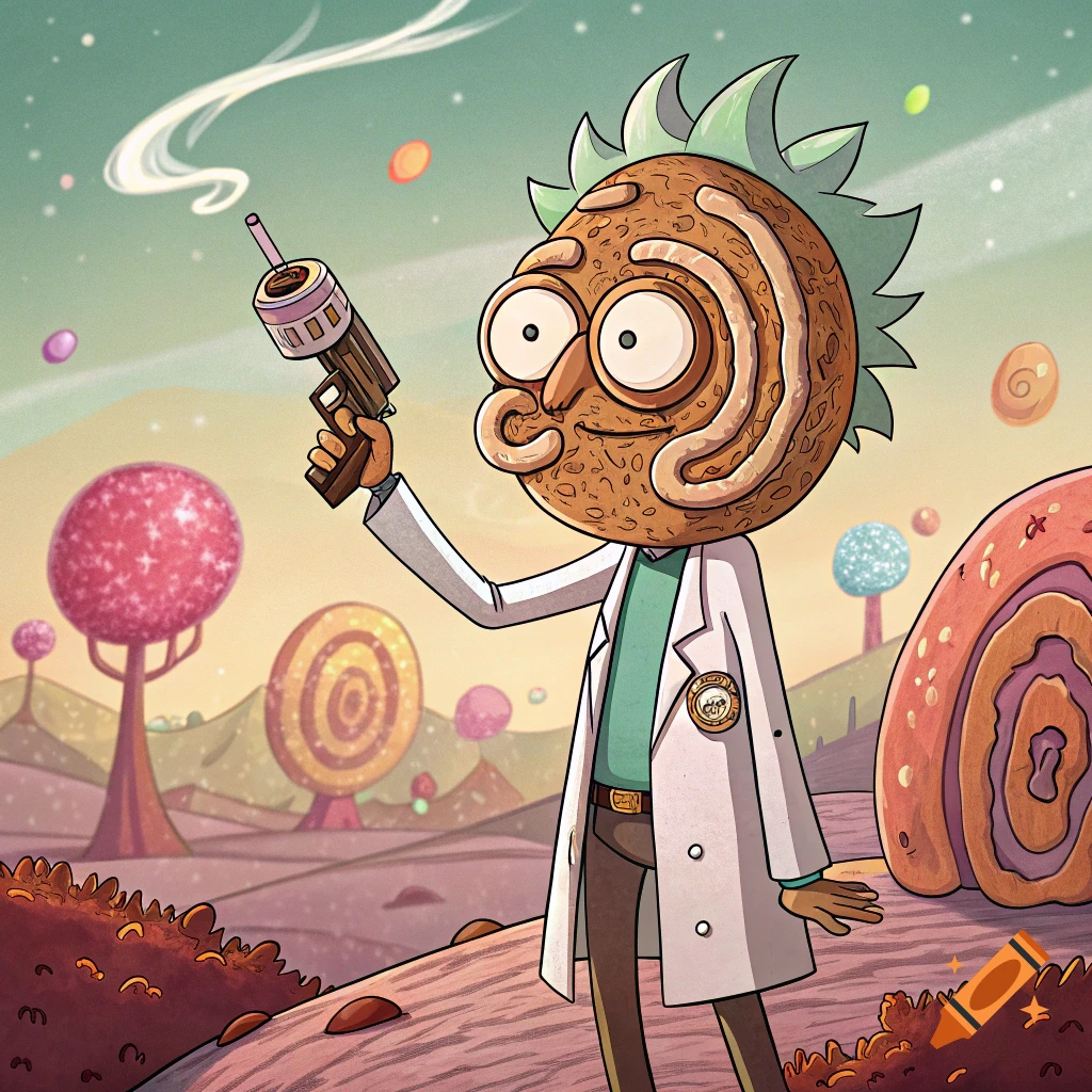 Cartoon character with cinnamon roll head resembling Rick Sanchez holds a gun in a candy alien landscape. Cartoon style.