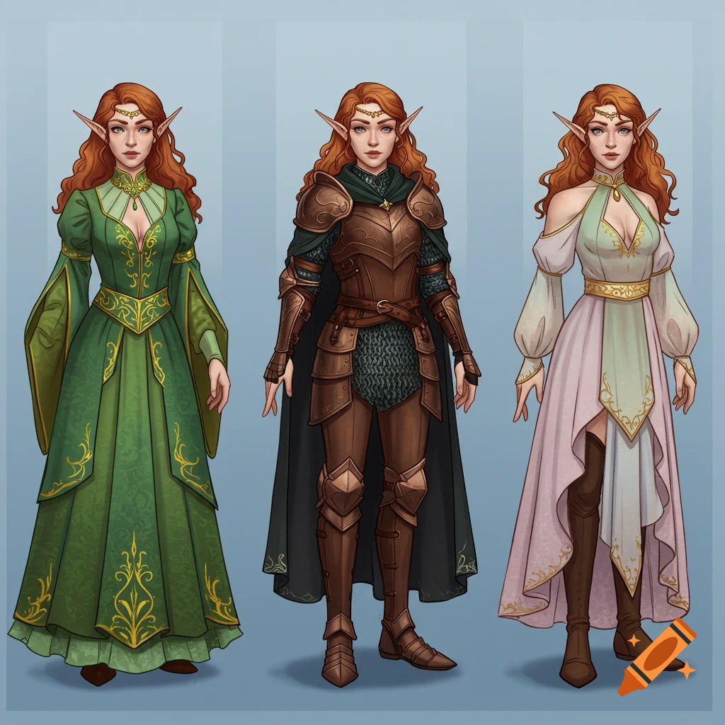 Three full-body illustrations of a female elf in fantasy outfits: green dress, armor, and white/pink dress.