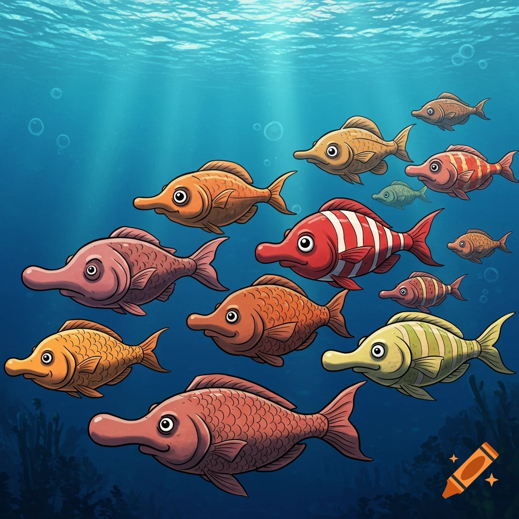 Several colorful cartoon fish with large noses swimming underwater with light rays.