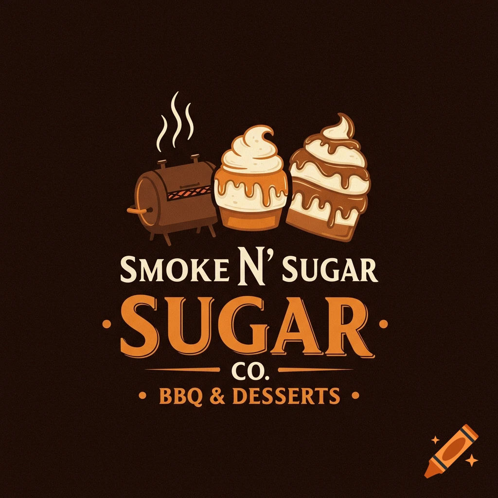Logo for Smoke N' Sugar Co. BBQ & Desserts, featuring a smoker and cupcakes.