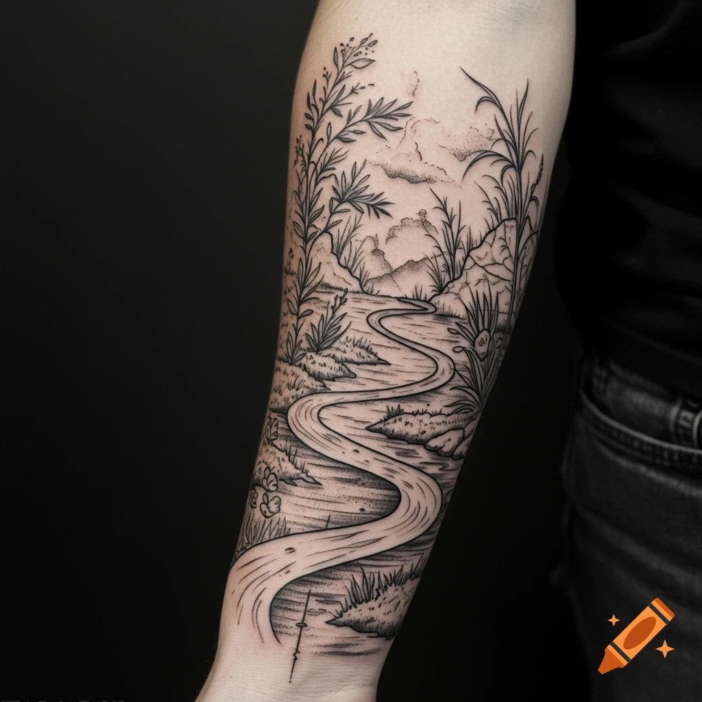 A black and white tattoo of a river flowing through a landscape with plants on a forearm.
