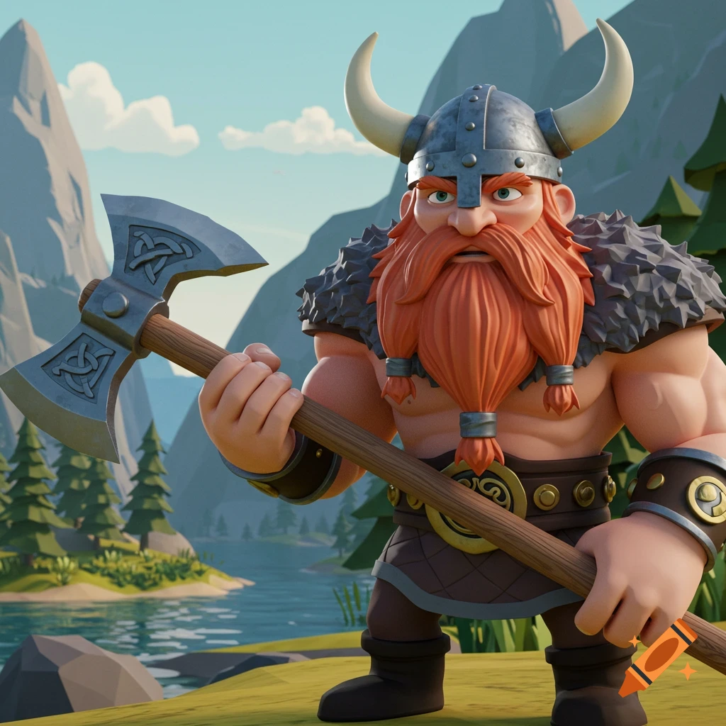 A cartoon Viking with a large red beard holds an axe in a mountainous landscape.