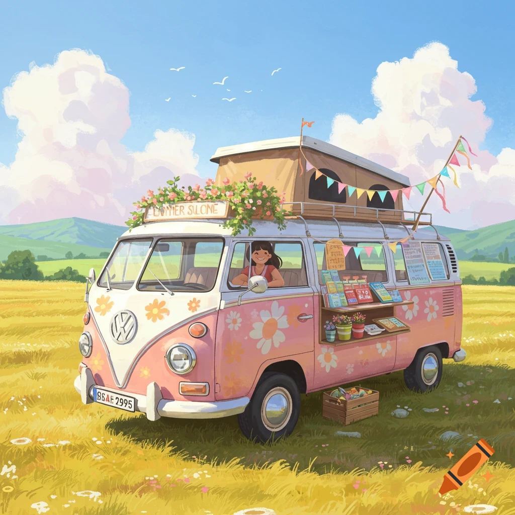 A pink VW bus vendor selling goods from the vehicle in a sunny field.