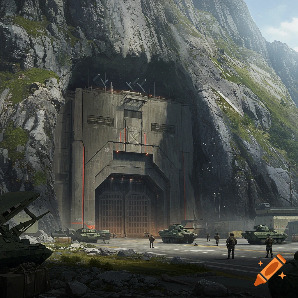 A military base entrance is built into a mountain, with soldiers and tanks on the road outside.