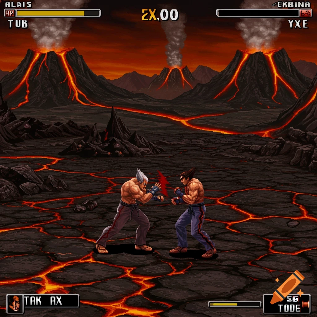 Pixel art fighting game scene with two muscular men battling in a volcanic wasteland, featuring health bars and UI elements.