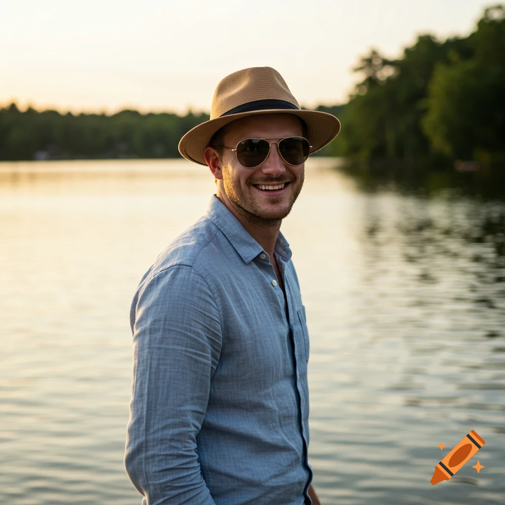 A man in a hat and sunglasses smiles by a lake at sunset.