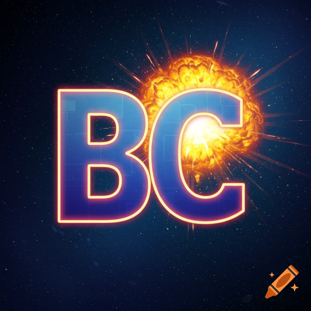 Blue glowing letters BC with an explosion behind them in space