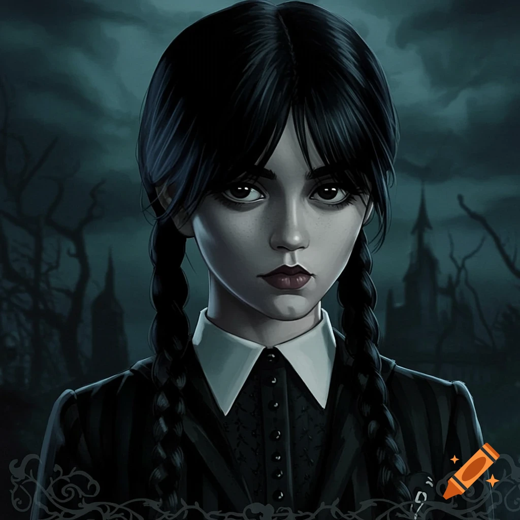 A young woman resembling Wednesday Addams with braids in a gothic style