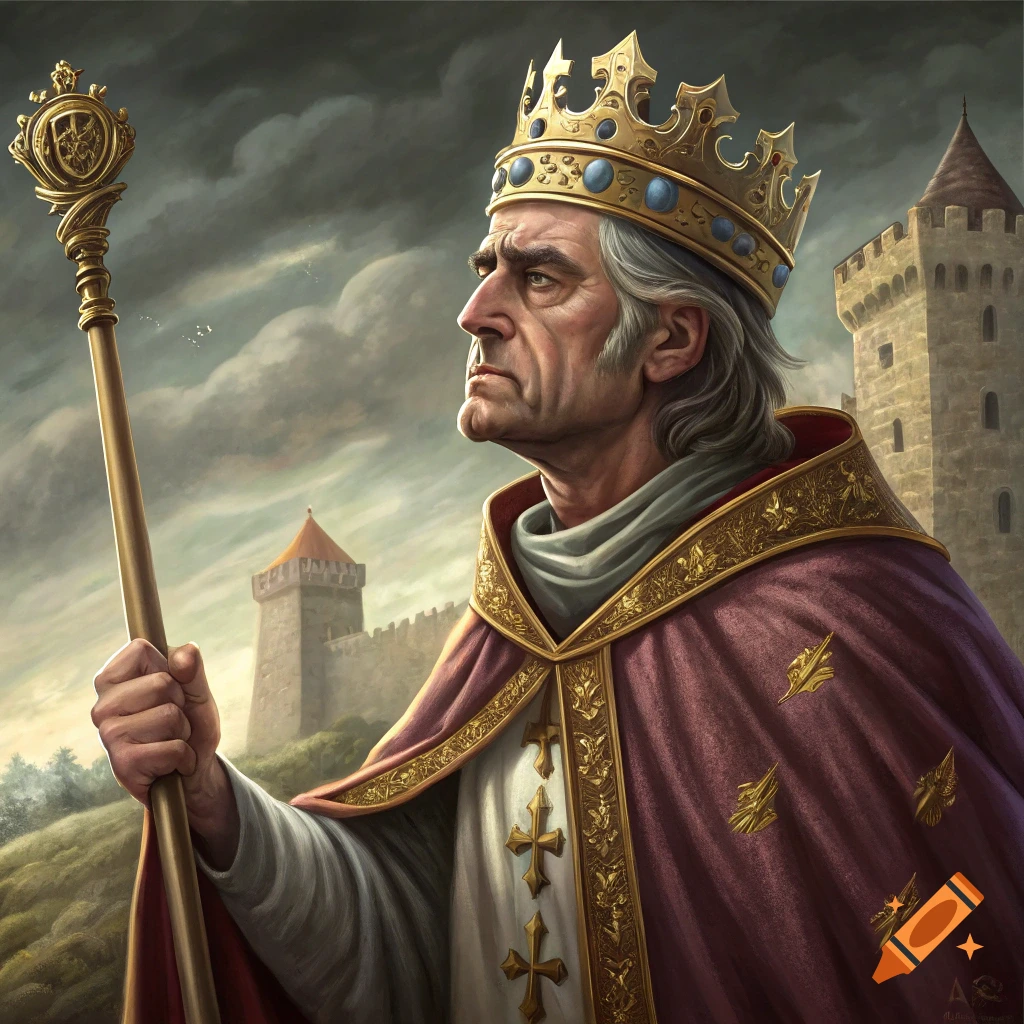 Painting of a king in a crown and purple robe holding a staff, with a castle in the background.
