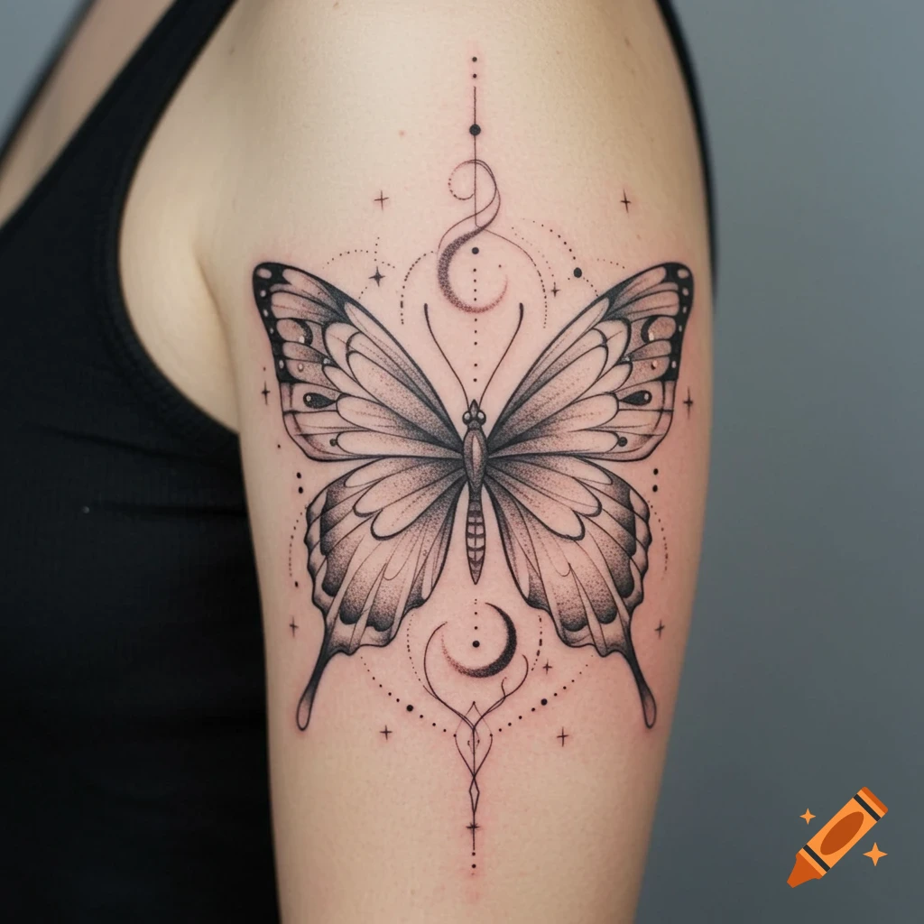 Black ink butterfly tattoo with celestial elements on an arm.