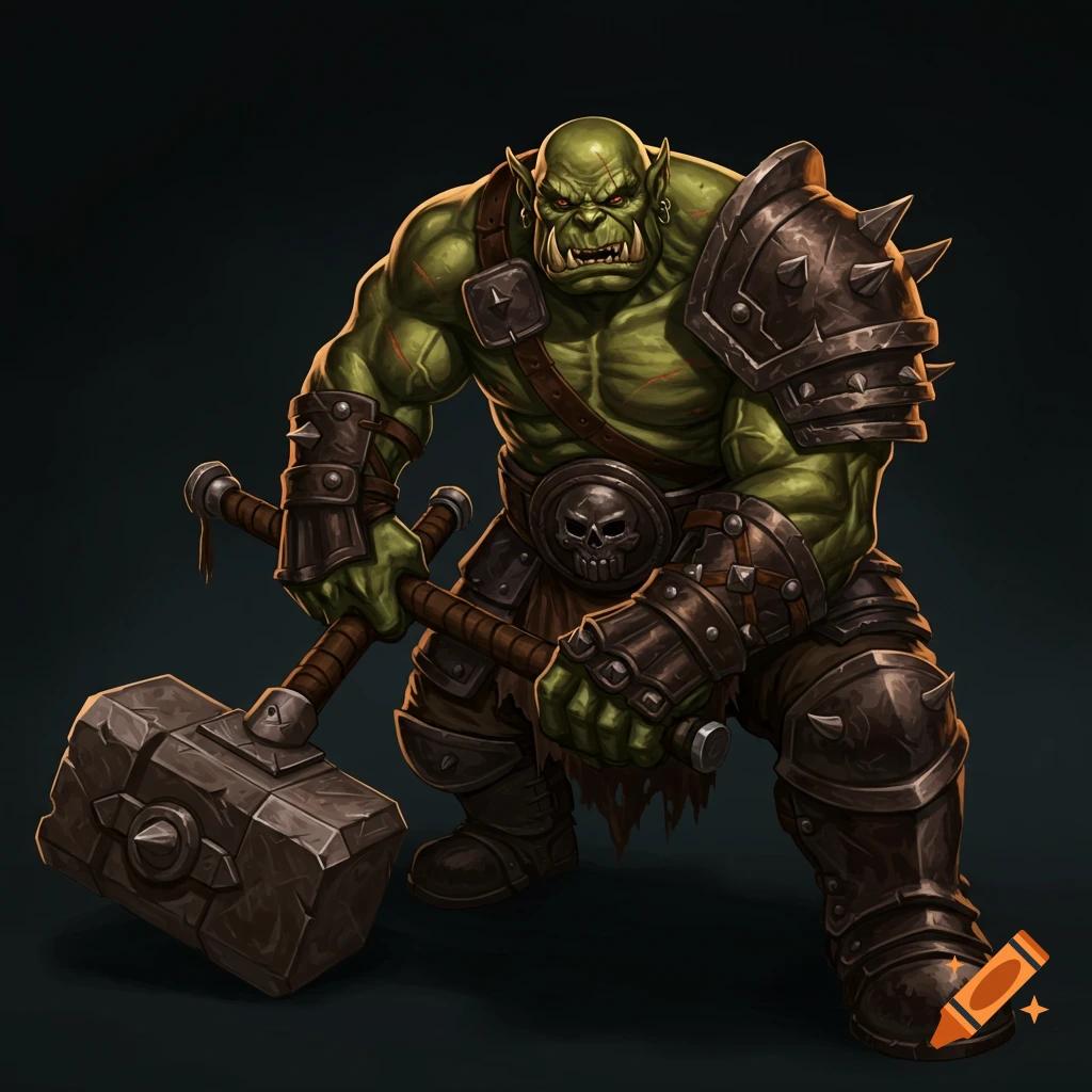 A muscular green orc warrior stands in a forest, holding a large broad ...