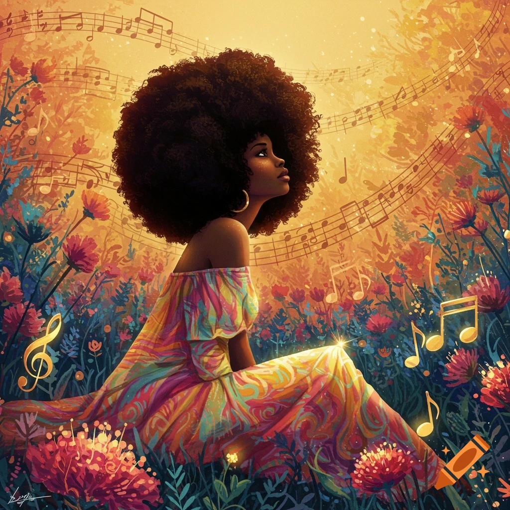 A woman with a large afro is sitting in a garden filled with flowers and music notes.