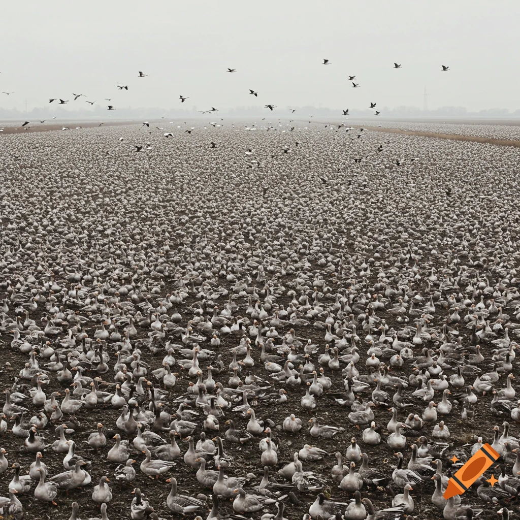 A massive flock of geese rests on a field under a grey sky, with some birds flying.
