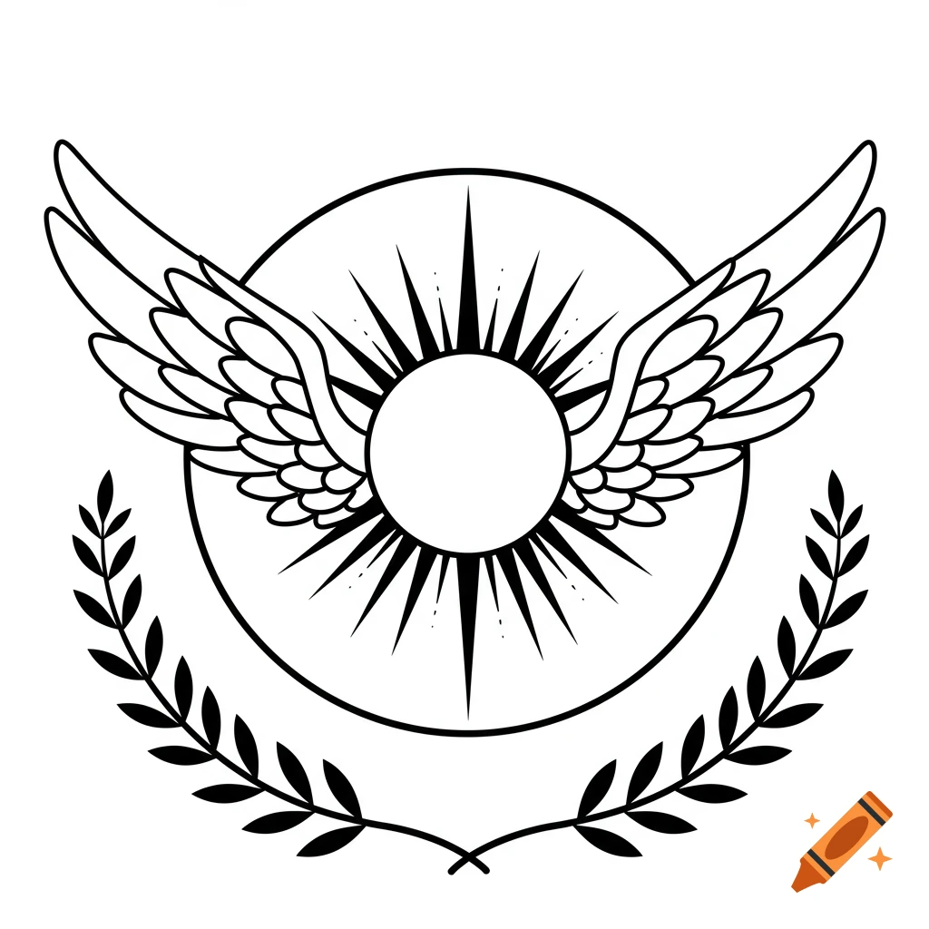 Line art illustration of a circular sigil with a winged sun and a laurel wreath.