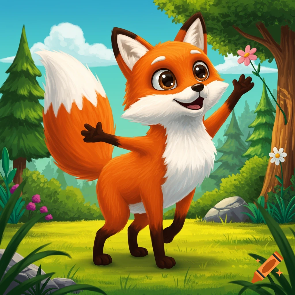 Cartoon fox smiling and reaching for a pink flower in a sunny forest clearing.