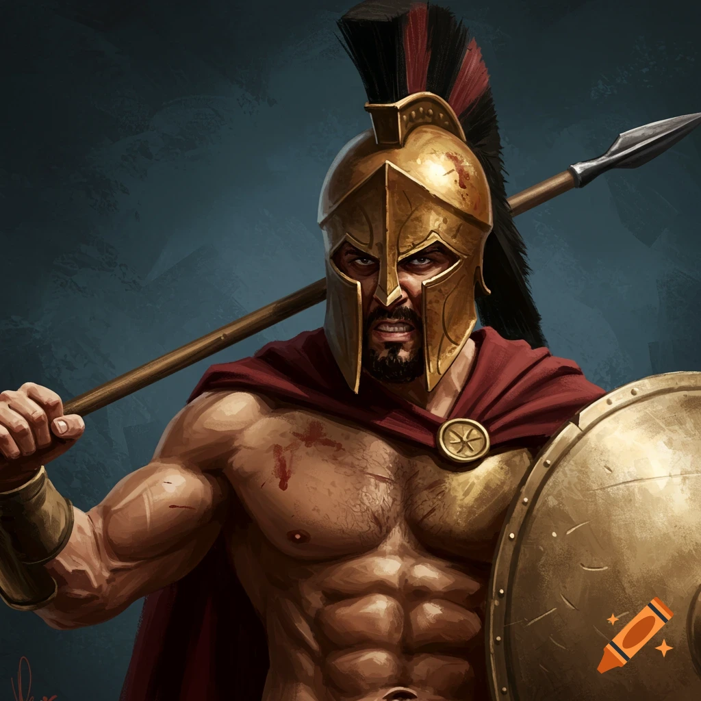 A muscular Spartan warrior holding a spear and shield.