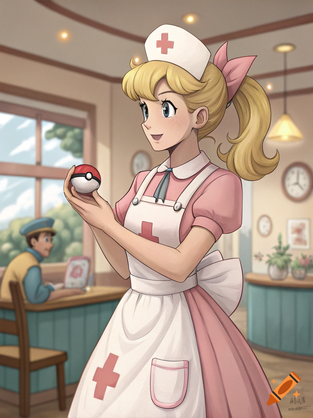 Anime style illustration of Nurse Joy holding a Pokeball in a Pokemon Center.