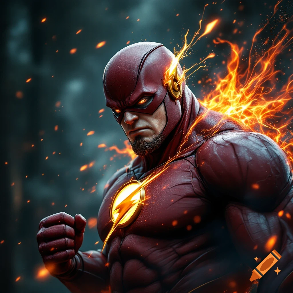The Flash superhero figure surrounded by fire and energy.