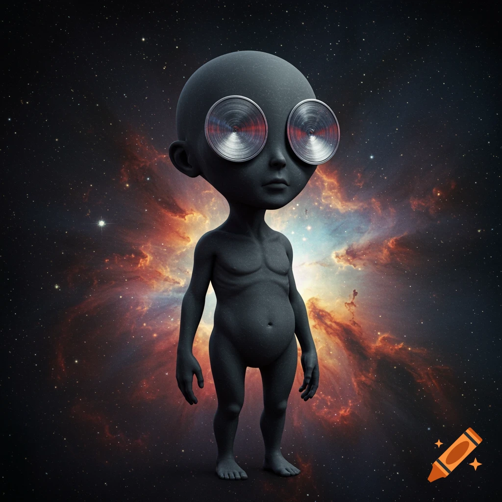 A surreal image of a grey alien with metallic disc eyes standing before a swirling nebula in space.