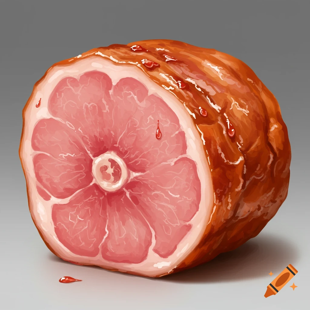 A sliced ham on a gray background.